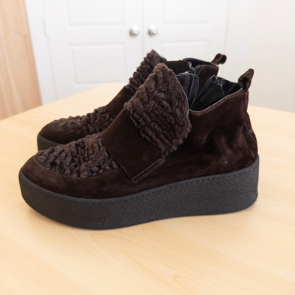 Gabriella Michel Womens Suede High Top Fur Sneaker EU 37 Brown Platform Euro Ski